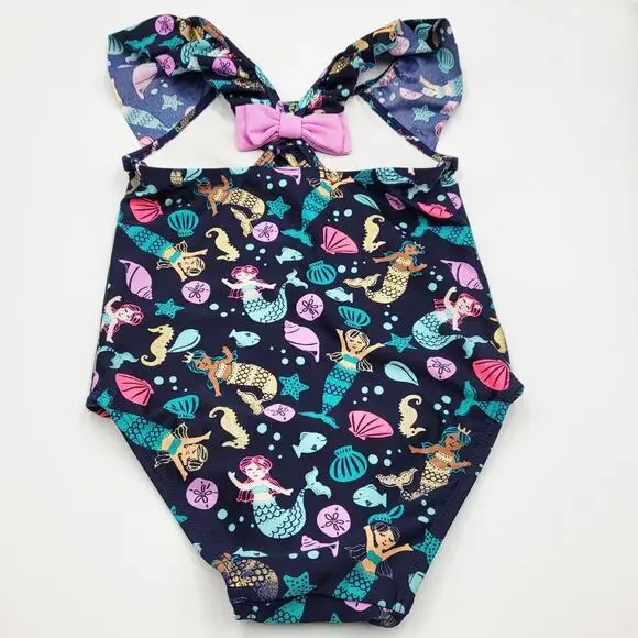 Cat & Jack Mermaid Seashell Print Blue Multicolored One-piece Swimsuit Girls 3T - Picture 2 of 5